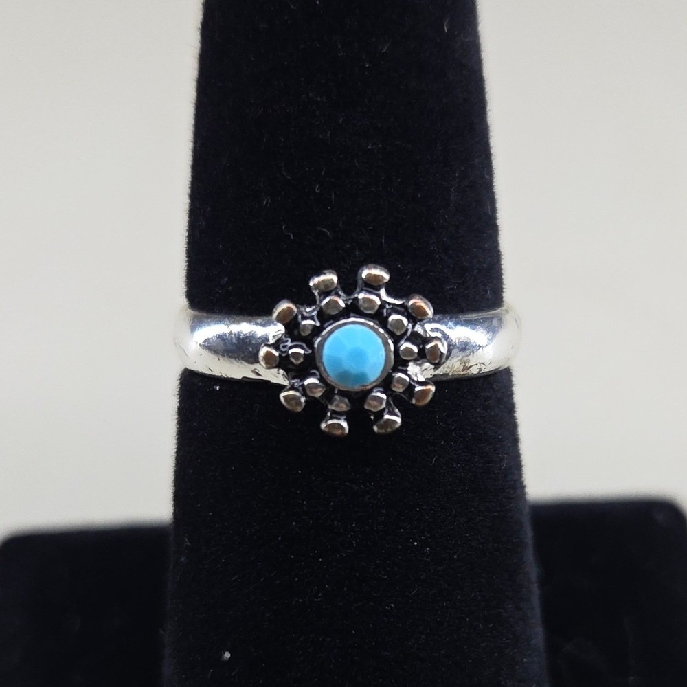 Boho Silver Tone Turquoise Sunburst Blue Flower Ring Size 7.5 Southwestern Style